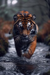 A Tiger's Graceful Journey Down a Serene Stream, Surrounded by Verdant Wilderness.