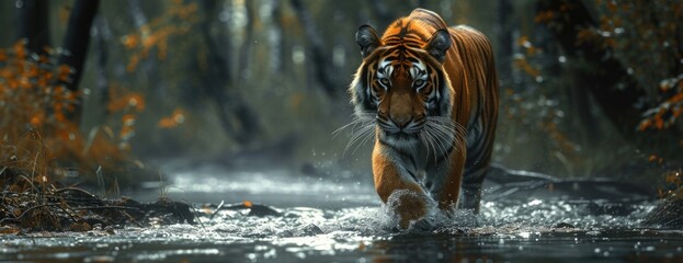 tiger walking the stream in the forest, in the style of detailed wildlife