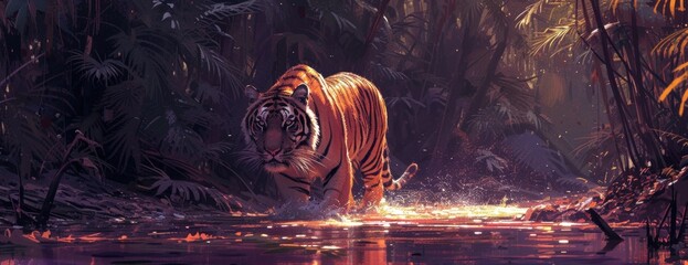 tiger walking the stream in the forest, in the style of detailed wildlife