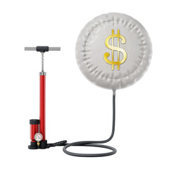 Manual hand pump inflates balloon with dollar symbol. Transparent background. 3D illustration