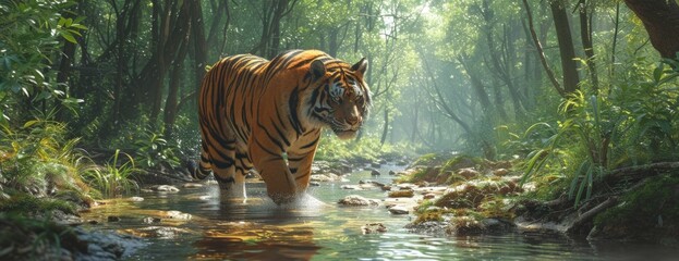Bengal tiger walking through a stream in the forest