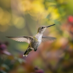 Naklejka premium Hummingbird in Flight Against a Blurred Natural Background