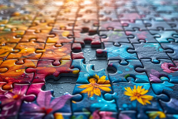 A jigsaw puzzle revealing an image of innovation, showcasing the harmonious fit of individual elements into a complete idea. Concept of puzzle-solving ideation. Generative Ai.