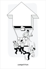 Competition. An office worker cynically throws his colleagues from a balloon. A metaphor for competition, methods to increase productivity and reduce costs. Illustration in a flat style