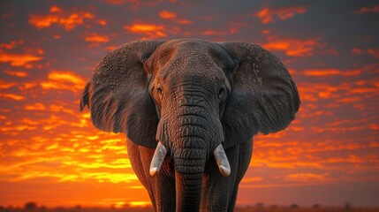 Fototapeta na wymiar An Elephant Stands Majestically on the Landscape as Sunset Approaches, Bathing the Scene in Warm Light.