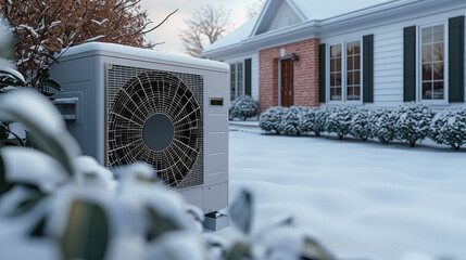 Heat pump with background house, snow, The outdoor component of the air conditioning system surrounded by snow during the winter season. Generative AI.