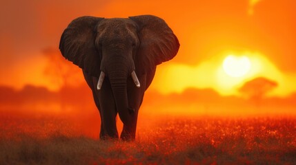 An Elephant Stands Majestically on the Landscape as Sunset Approaches, Bathing the Scene in Warm Light.