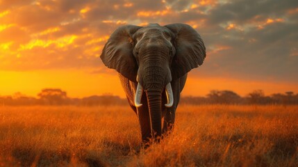 Obraz premium An Elephant Stands Majestically on the Landscape as Sunset Approaches, Bathing the Scene in Warm Light.