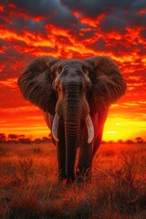 large male black and white elephant at sunset