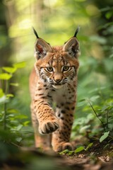 Obraz premium The Energetic Run of a Lynx Cub, Weaving Through the Forest's Embrace.