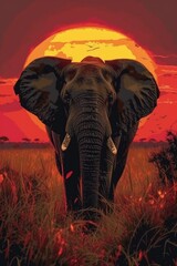 The Majestic African Elephant, Poised Under the Amber Caress of the Setting Sun.