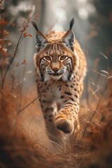 Obraz premium a young lynx animal running through a forest