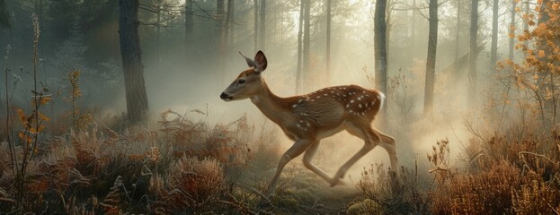 a deer runs through a forest with a foggy background