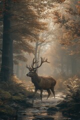 Ethereal Dash: A Deer Sprints Through the Mist-Enveloped Forest, A Fusion of Speed and Mist.