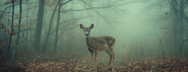 deer standing in front of trees in fog