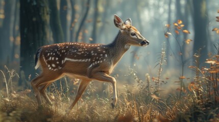 The Swift Passage of a Deer Through a Fog-Shrouded Forest, Nature's Ballet in Motion.