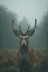 A Deer Contemplates the Haze, Standing Tranquil Before Fog-Softened Trees.
