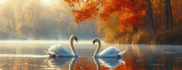 Fotobehang two swans floating in the lake on fall sunset © Landscape Planet