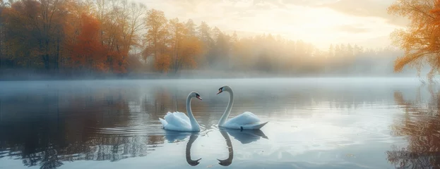 Deurstickers two swans floating in the lake on fall sunset © Landscape Planet