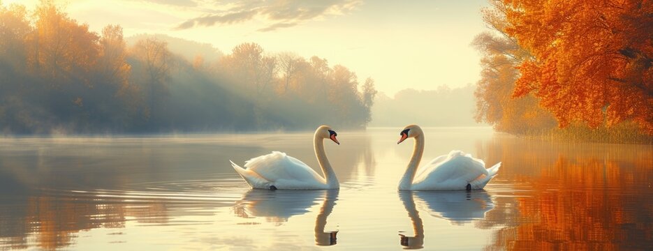 two swans floating in the lake on fall sunset