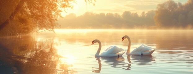 Fototapeta premium Two Swans Reflecting Beauty and Peace, Adrift on a Lake Under the Fall's Fading Light.