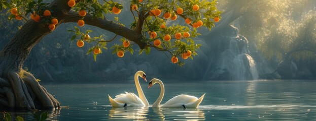 two swans and an orange tree by a lake, in the style of sunrays shine upon it - obrazy, fototapety, plakaty