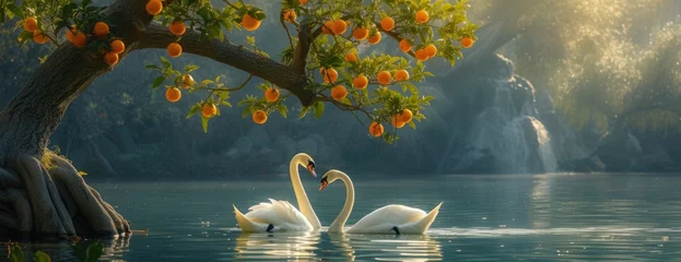 Foto op Canvas two swans and an orange tree by a lake, in the style of sunrays shine upon it © Landscape Planet