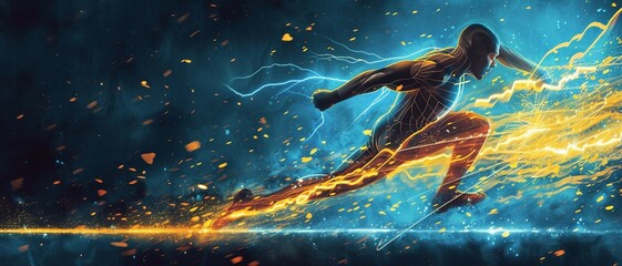 Illustration of Adrenaline (Epinephrine) Unleashing Lightning Power on a Running Figure .  - obrazy, fototapety, plakaty