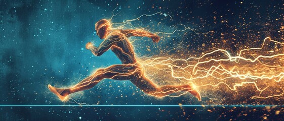 Illustration of Adrenaline (Epinephrine) Unleashing Lightning Power on a Running Figure .  - obrazy, fototapety, plakaty