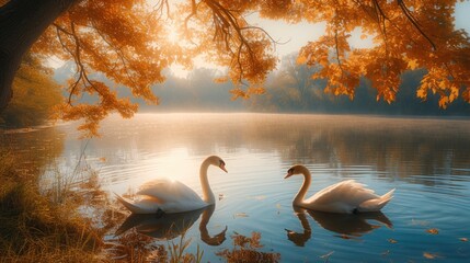 Swans and an Orange Tree by the Lake, Caressed by the Morning Sunrays.
