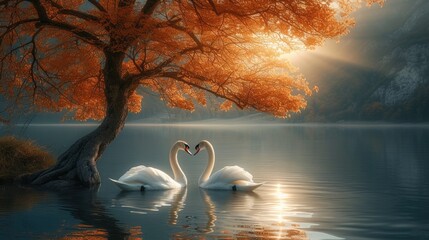 Swans and an Orange Tree by the Lake, Caressed by the Morning Sunrays.