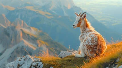 a goat sits on the top of a grassy hill with mountains, in the style of light bronze and orange