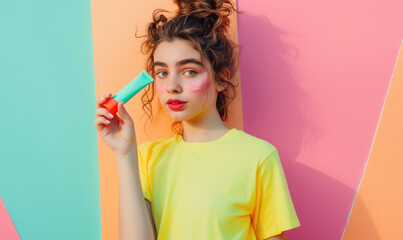  young girl with colorful skincare or makeup application on a multi pastel colored background