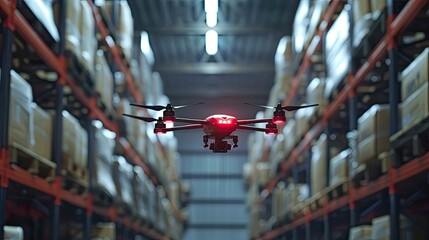 drones hovering over aisles in a warehouse, diligently scanning barcodes for precise inventory management, showcasing the seamless integration of technology into the supply chain.