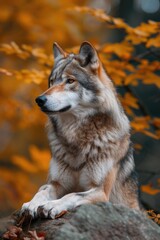 Obraz premium A Lone Wolf's Vigil from Its Stony Outlook Amidst Autumn's Palette.