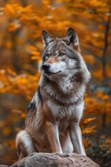 Fototapeta premium A Wolf's Quiet Repose Beside a Rock, Enveloped by the Woodland's Embrace.