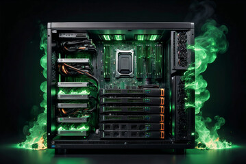 Fototapeta premium server rack with digital green fire due to high demand of generative AI generation and cryptocurrency mining