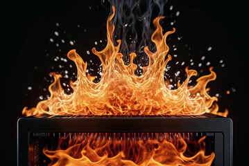server rack on fire due to high demand of generative AI generation and cryptocurrency mining, emergency fire suppression water sprinkler - obrazy, fototapety, plakaty