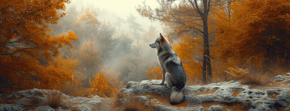wolf sitting on a rock in the fall