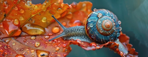 snail on a leaf after rain, in the style of technicolor dreamscapes
