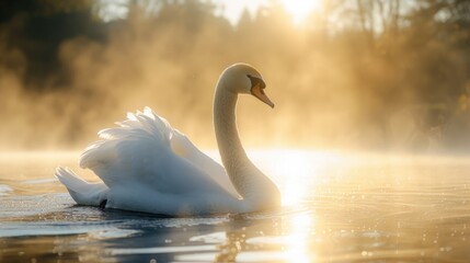 a white swan on a lake at sunrise