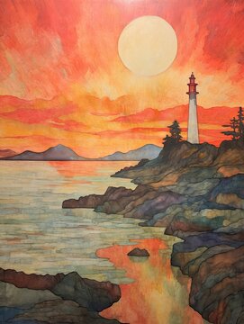 Vintage Lighthouse Sunset Painting: Captivating Coastal Scene with Vintage Landscape Views