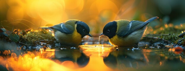 Thirsty Avians: Birds Sipping Water from the Pond's Edge.