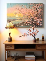 Sunset with Cascading Cherry Blossoms: Vintage Meadow Painting