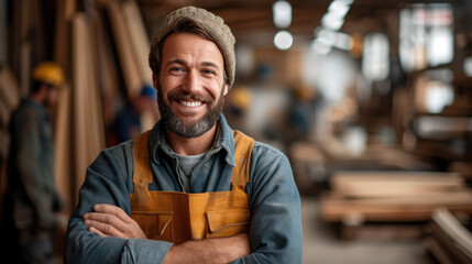 Portrait of a carpenter in a workshop with woodworking tools in the background. Generative AI.