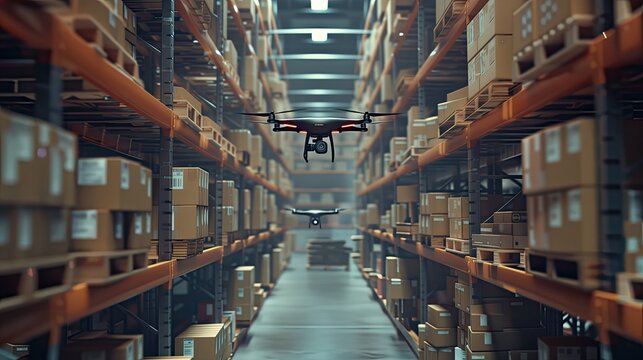 drones hovering over aisles in a warehouse, diligently scanning barcodes for precise inventory management, showcasing the seamless integration of technology into the supply chain.