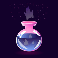 Bottle with ghosts. Decor for Halloween, for postcards, posters, etc