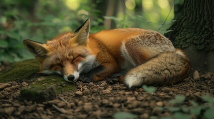 Naklejka premium Resting Fox: A Beautiful Red Fox Finds Peace on a Stone