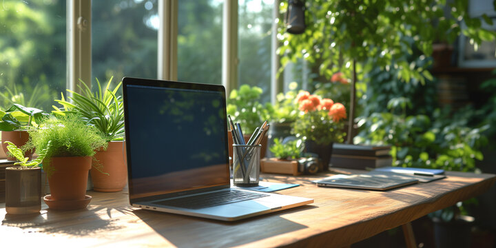 Arbeitsplatz im Homeoffice mit Laptop und vielen Planzen