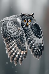 Nighttime Flight: Great Horned Owl Gracefully Gliding Through Forest.